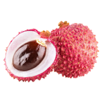 Close-up of lychee fruit with one open showing the seed and white fruit.